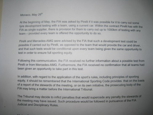This note was given to media by the FIA tonight