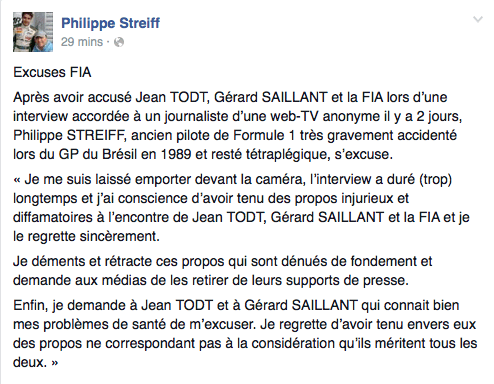 Philippe Streiff did not waste time in apologising